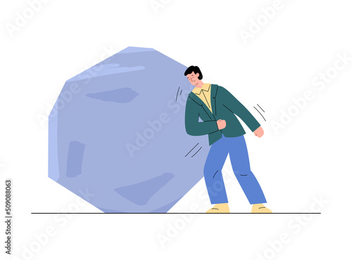 Man with trying to push a big stone with punch, vector illustration isolated.