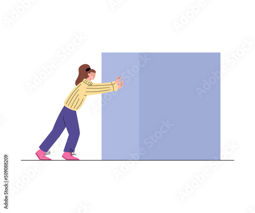 Young smiling woman character pushing huge square stone flat style