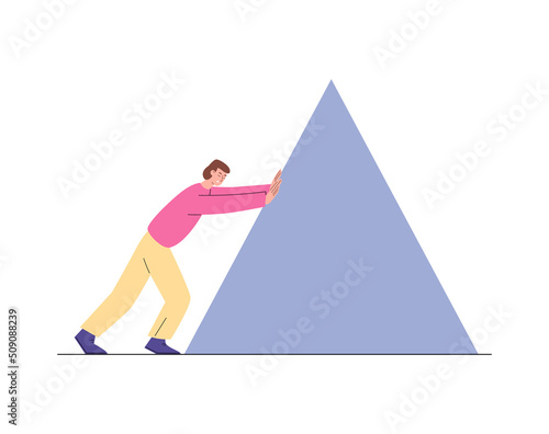 Businessman pushing the huge heavy stone, flat vector illustration isolated.