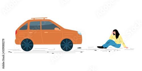 Car hit pedestrian woman, car accident concept, flat vector illustration isolated on white background.
