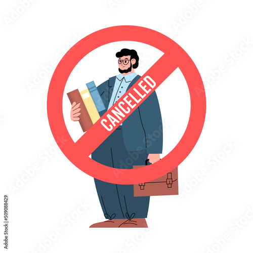 Person with sign of canceling, flat vector illustration isolated on background.