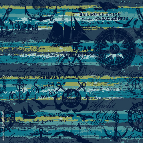 Grunge nautical elements with striped wallpaper abstract vector seamless pattern