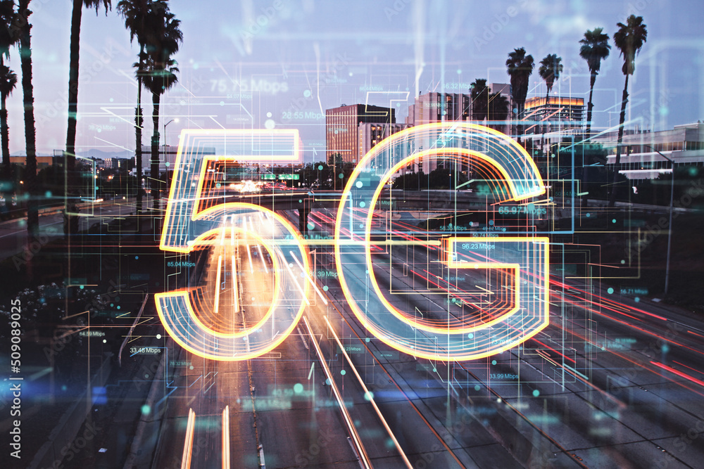 Abstract 5G hologram on blurry LA city background. Internet and connectivity concept. Double exposure.