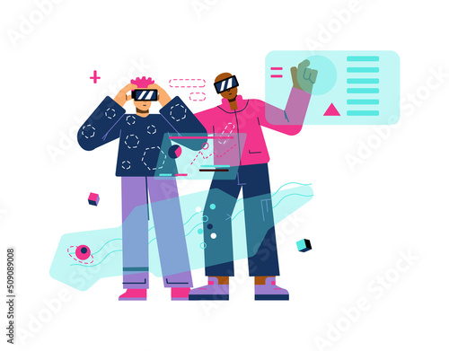Two male friends in VR goggles exploring metaverse with hologram, flat vector illustration isolated on white background.