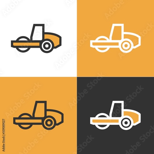Road roller icons on white, yellow and black background. Road roller asphalt compactor in flat style.