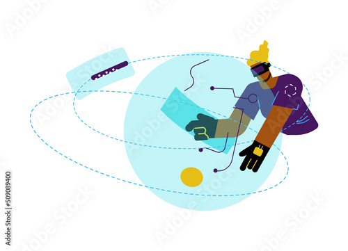 3D Metaverse virtual reality technology user, flat vector illustration isolated.