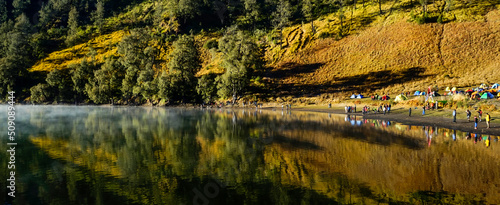 Ranu kumbolo camp site in the morning with reflection, August 2019, Indonesia