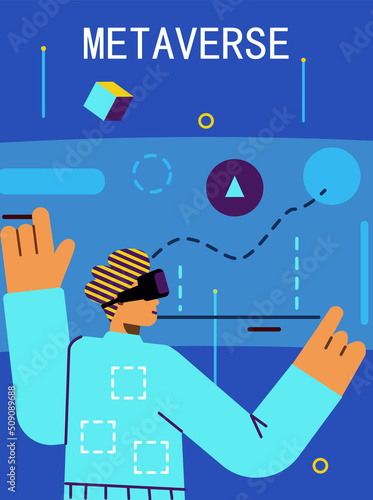 Metaverse virtual-reality space technology poster flat vector illustration.