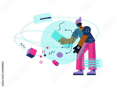 People character in virtual reality glasses research and touch metaverse