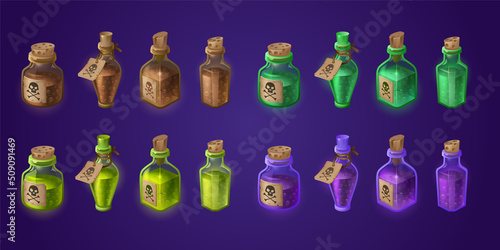 Bottles with poisons, toxic elixirs and chemical acids. Vector cartoon set of glass flasks with green, brown and purple liquid magic potions, tags and labels with skull and crossbones sign