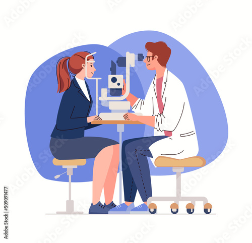 Diagnosis of eye diseases. Optometrist checks woman's vision using ophthalmic equipment. Doctor and patient in ophthalmology clinic. Vector characters flat cartoon illustration.