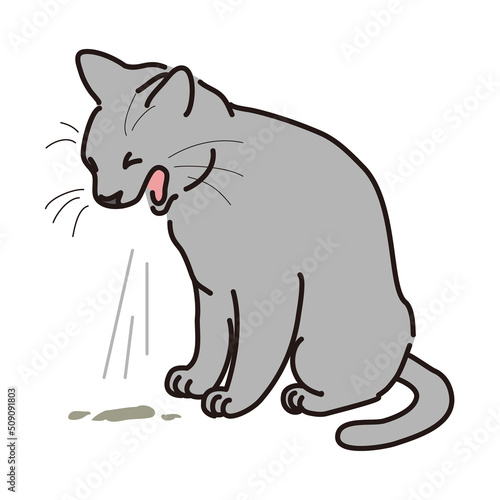 毛玉を吐くネコのイラスト　着色あり