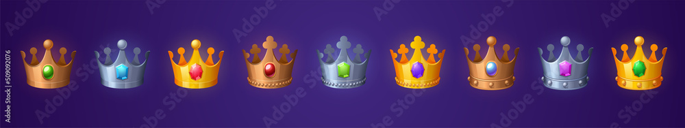 Medieval royal crowns for king, queen, prince or princess. Vector cartoon set of game icons with gold, silver and bronze coronas with gems and diamond, antique jeweled headdress - obrazy, fototapety, plakaty 