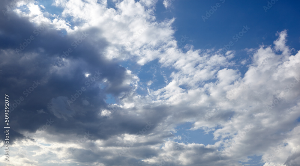 Panoramic photo of blurred sky. Blue sky background with cumulus clouds