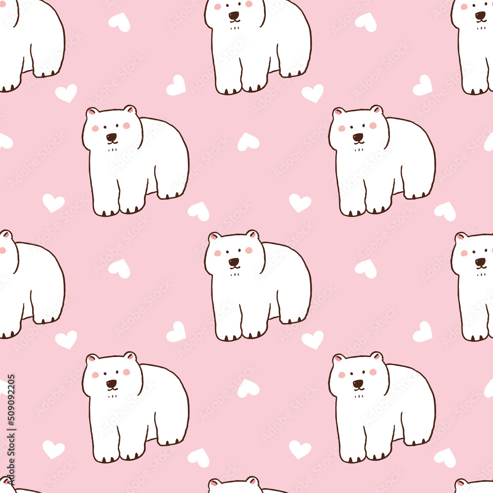 Fototapeta premium Seamless Pattern with Cartoon White Bear and Heart Design on Pink Background