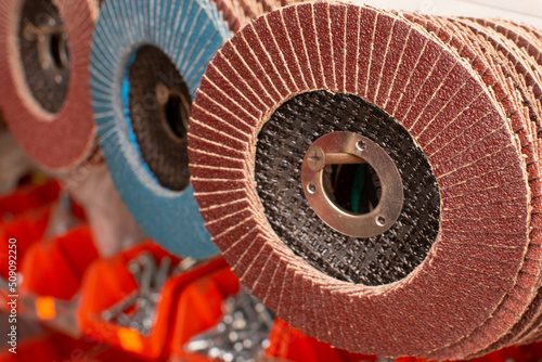 a set of abrasive grinding wheels for construction work. photo