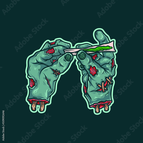 a vector illustration of zombie hand roll a green weed joint