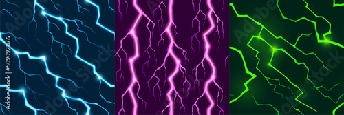 Game textures with electric lightnings, light flashes effect in storm at night. Vector seamless patterns with green, blue and purple thunderbolts, electric impacts with glow © klyaksun