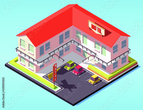 Isometric building. motel with parking. isometric motel. 