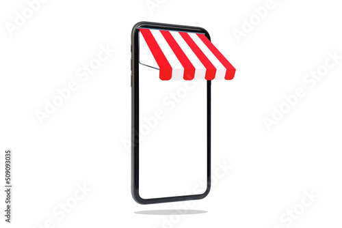 isolated smartphone with red and white awning for online shopping store with mobile