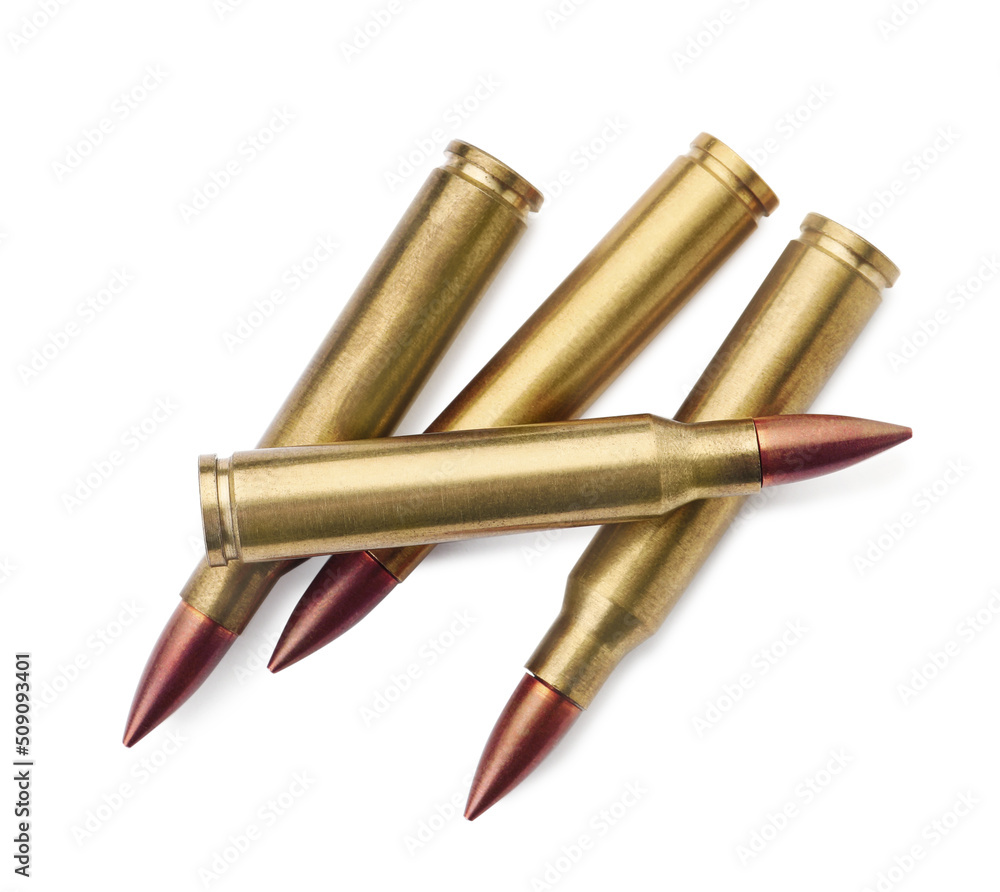 Many bullets on white background, top view. Military ammunition Many bullets on white background, top view. Military ammunition