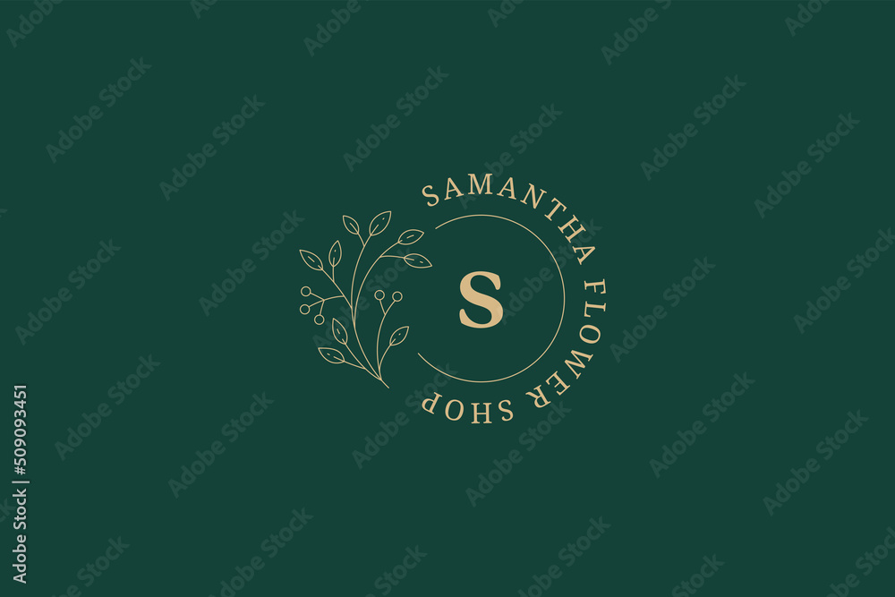 Botanical monochrome circle frame with letter spring organic blossom design line art logo vector
