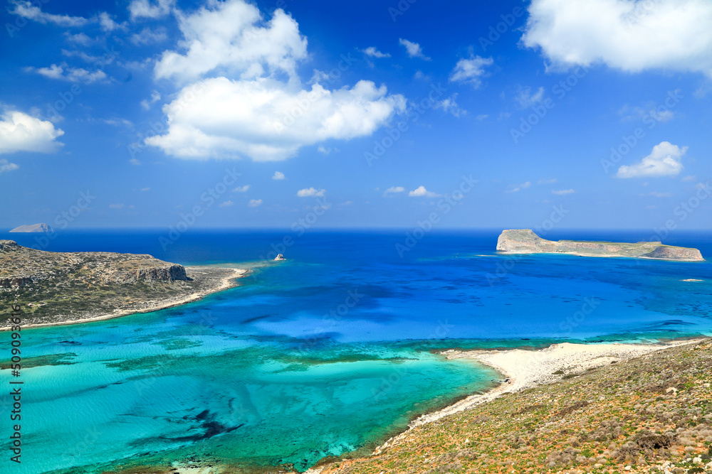 Idyllic beach of Balos (or Mpalos), a famous, magical shore of turquoise waters near Chania town, in Crete island, Greece, Europe. 