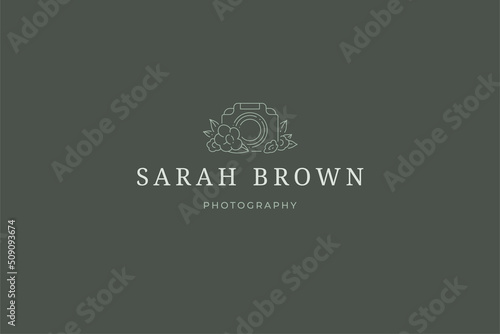 Simple retro photo video camera with natural blossom flower beauty blog line logo vector