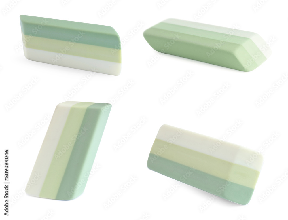 Collage of rubber erasers on white background Collage of rubber erasers on white background
