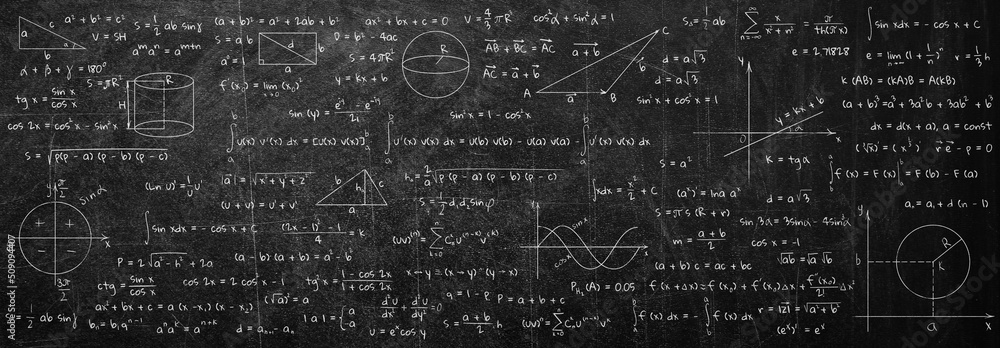 Many different math formulas written on blackboard. Algebra and Geometry - obrazy, fototapety, plakaty 