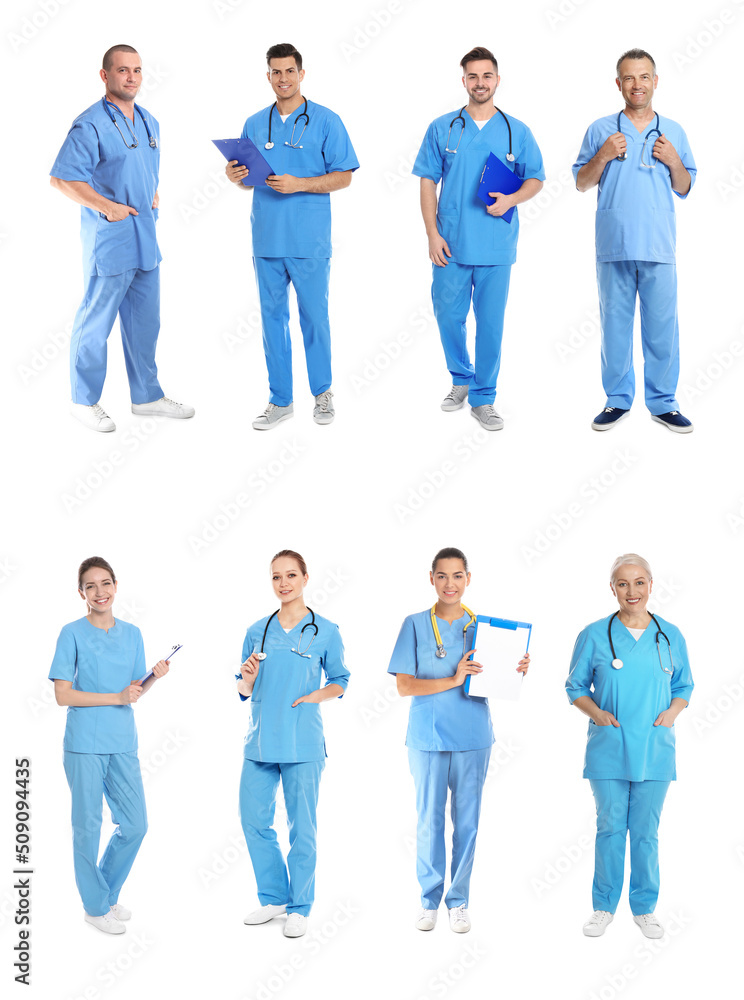 Obraz premium Collage with photos of doctors on white background