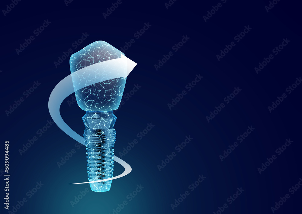 Illustration of dental implant on dark blue background. Space for text