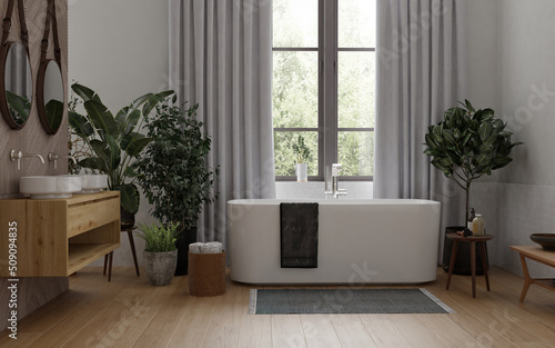 Modern bathroom interior with wooden decor in eco style. 3D Render