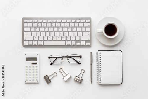 Layout of blogger or designer desktop with computer in monochrome style