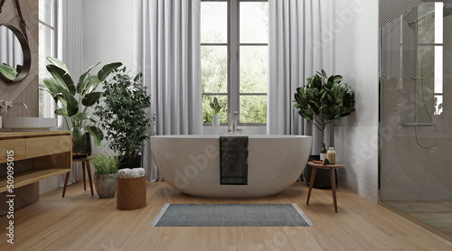 Modern bathroom interior with wooden decor in eco style. 3D Render © Julia Vadi