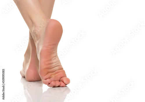 Back view of a beautifully cared female bare feet on a white background