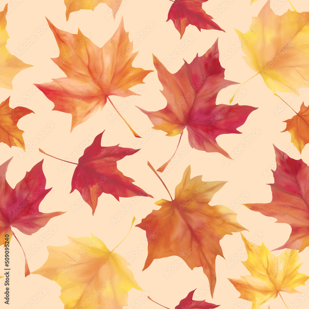 Autumn Watercolor maple leaves pattern. Watercolor print. Autumn illustration. Perfect for greetings, invitations, manufacture wrapping paper, textile, wedding and web design.