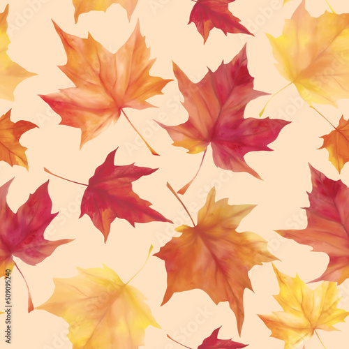 Autumn Watercolor maple leaves pattern. Watercolor print. Autumn illustration. Perfect for greetings  invitations  manufacture wrapping paper  textile  wedding and web design.