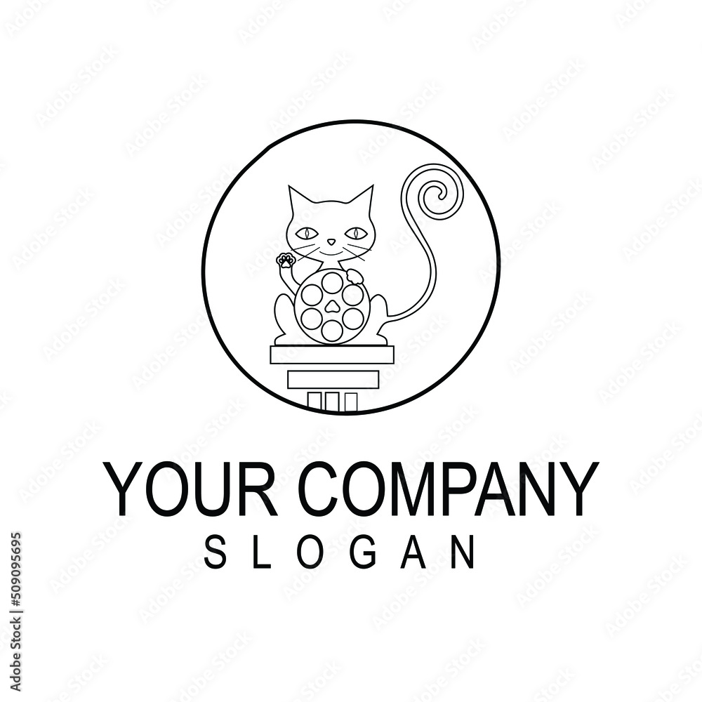 Film and commercial production design logo with cat concept holding film roll. Entertainment and Arts Film and commercial production design logo with cat concept holding film roll. Entertainment and Arts