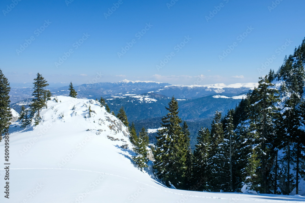 Fototapeta premium The Caprathian mountains range seen in winter from the peaks of the Piatra Mare massif in Romania , Eastern Europe.