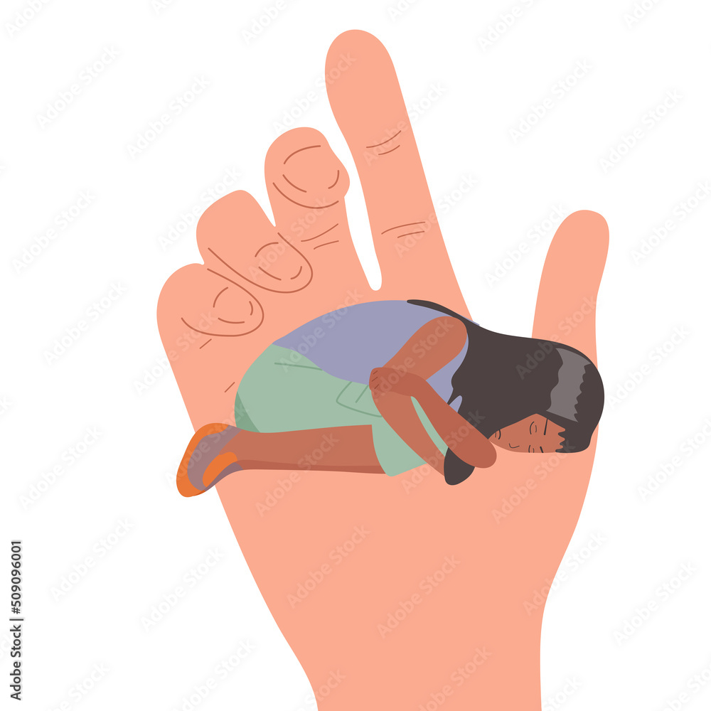 Obraz premium A small child in the hand of a big man. Childhood protection, the concept of the influence of people on children. Vector.