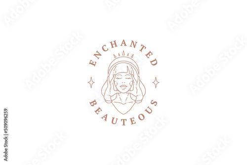 Fashionable medieval goddess female queen crown minimalist portrait silhouette line art logo vector