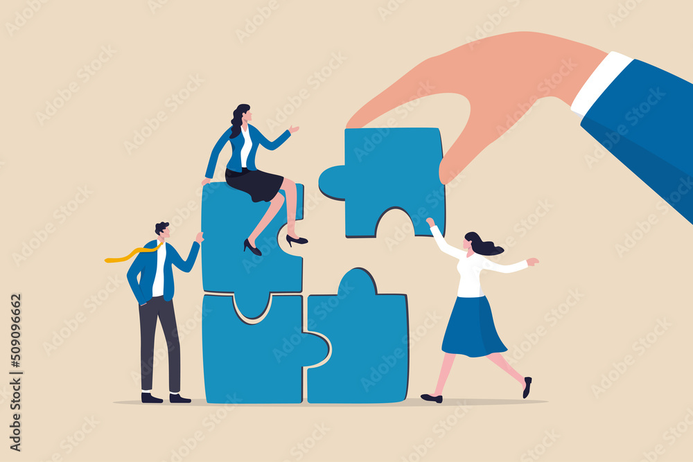 Build your team, leadership to develop teamwork or business partner, cooperate or collaborate for success, assist or help, giant businessman hand connect last jigsaw puzzle to office business team. - obrazy, fototapety, plakaty 