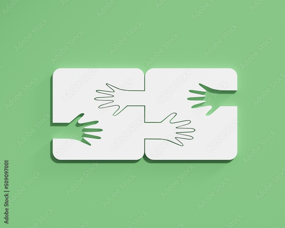 Puzzle with crossed hands on green background, mutual help concept, second hand concept, hug day, 3d render Puzzle with crossed hands on green background, mutual help concept, second hand concept, hug day, 3d render