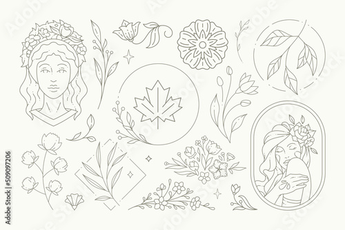 Romantic floral logo monochrome set vector illustration. Beautiful female decorative flower design