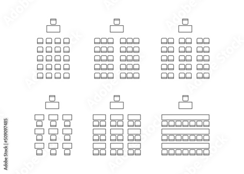 Set of plan for arranging seats in interior, auditorium with place spectators, classroom, theater, lecture hall, layout outline elements. Scheme chairs and tables icons. Furniture top view.Vector line