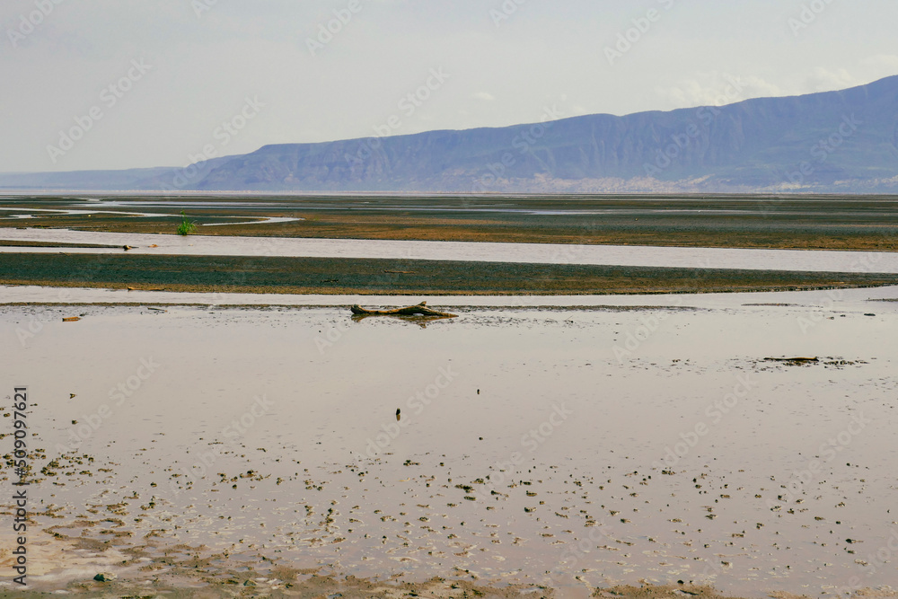 Scenic view of Lake Natron on a sunny day in rural Tanzania