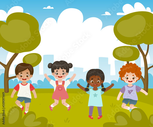 Banner with cute children in city park. Adorable diverse kids jumping outdoors. Frame with happy toddlers.