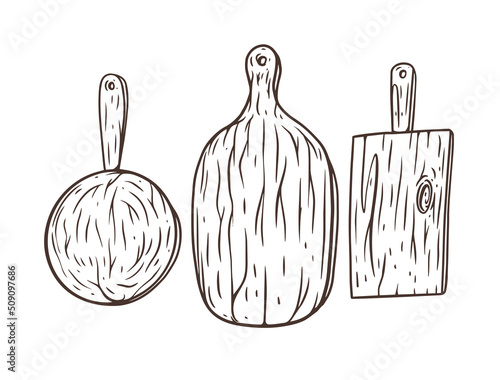 Cutting board hand drawn sketch vector illustration. Kitchen tools set.