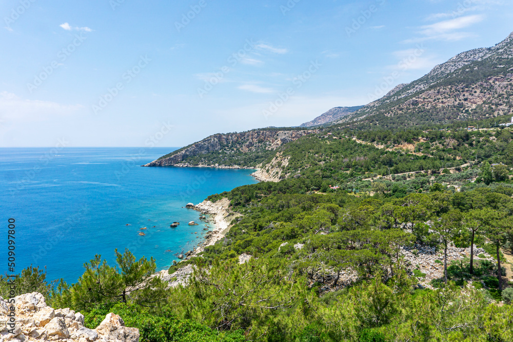 the scenic view of Karadere sandy beach near to the Patara beach divided by the esen river, Fethiye, Turkey